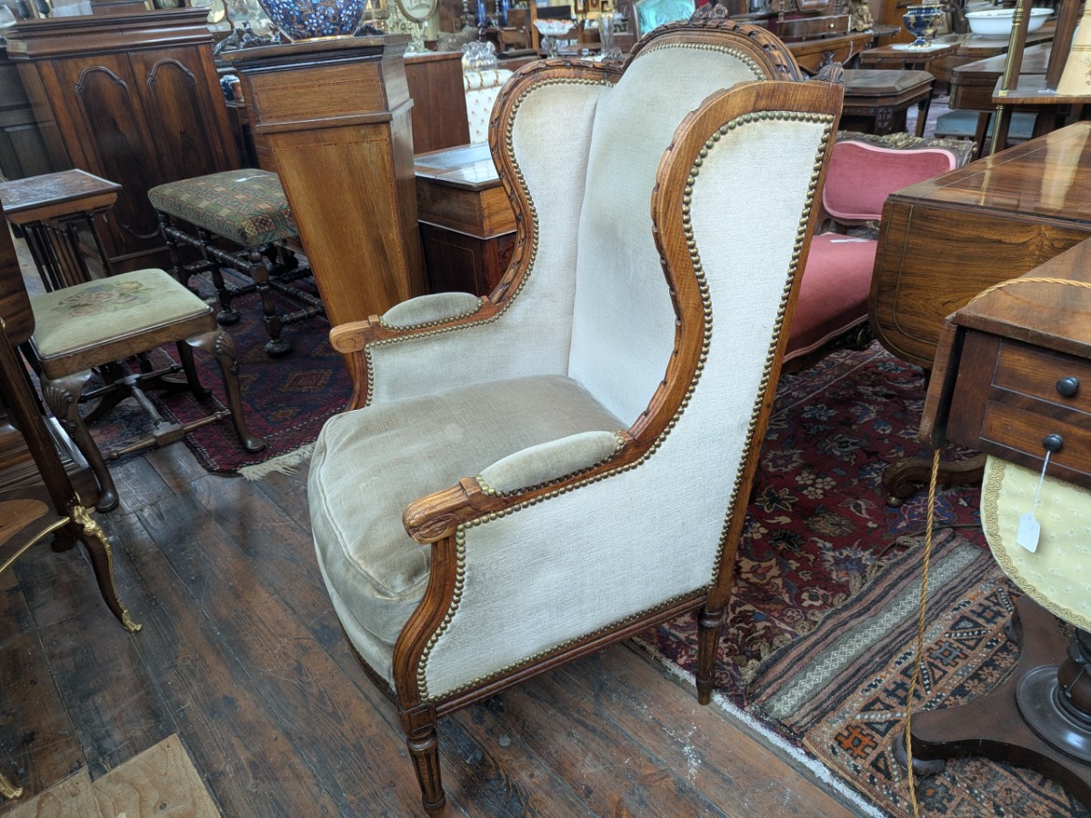Late 19th Century French Carved Beech Wing Armchair